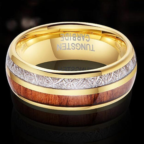 Men's 8mm Tungsten Ring Koa Wood & Meteorite Inspired Comfort-Fit Wedding Band